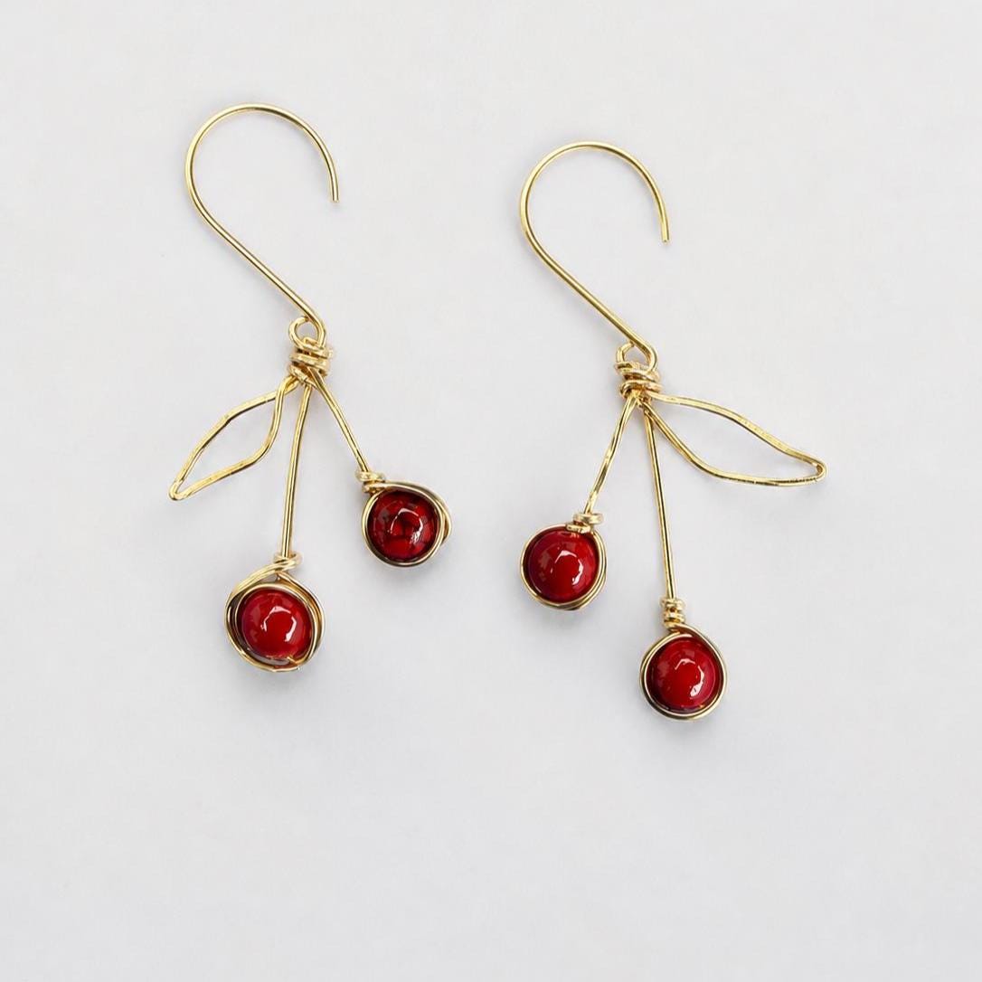 Cherry Dangle Earrings with Red Quartz Beads